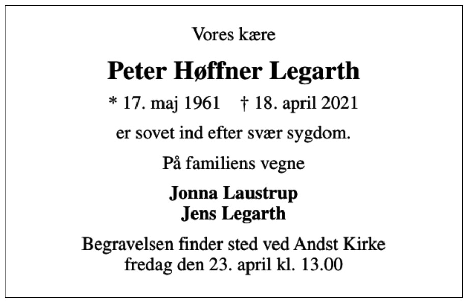 Peter Høffner Legarth. 1961-2021.