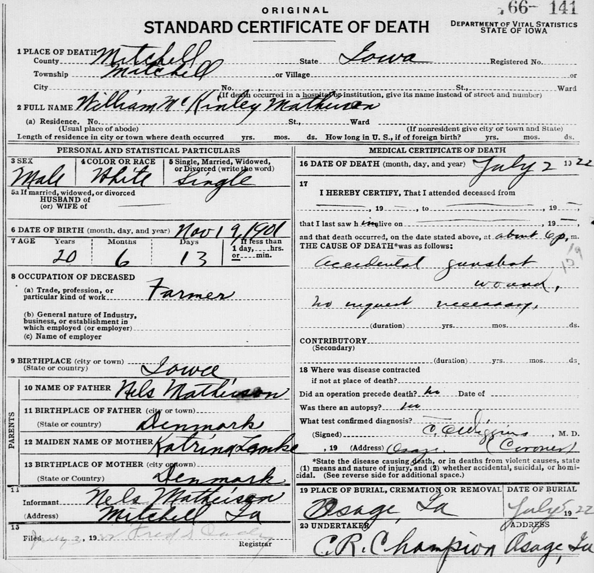 William McKinley Mathiesen - Dødsattest