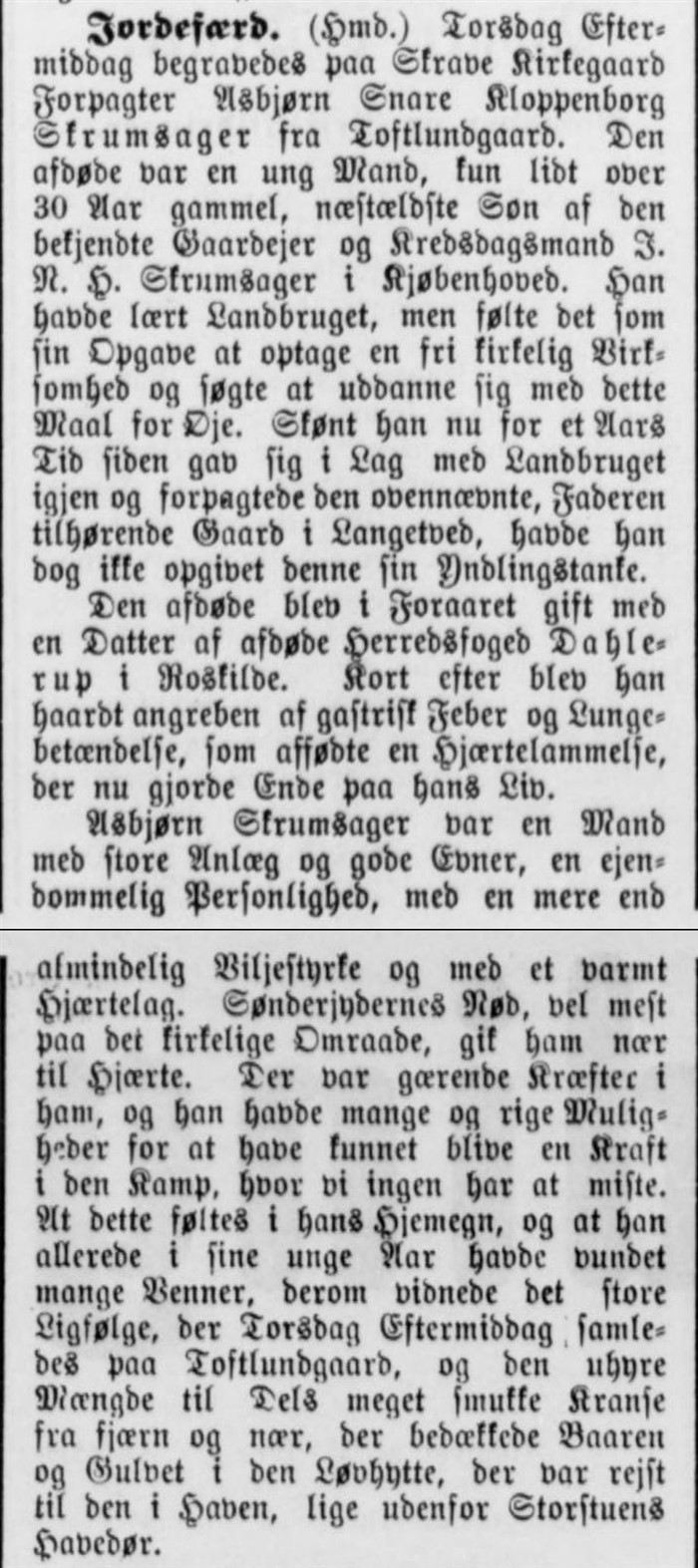 Nekrolog over Asbjørn Snare Kloppenborg Skrumsager.