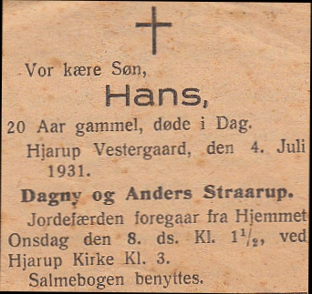 Hans Iversen Straarup døde 20 år gammel.