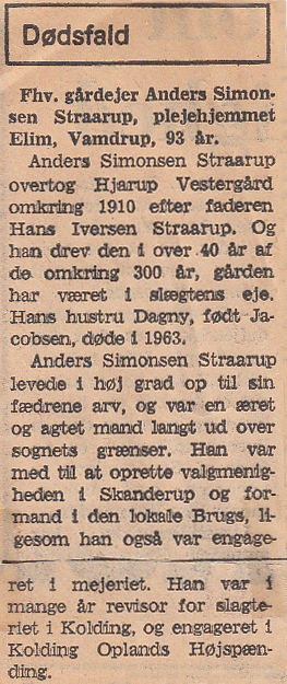 Omtale af Anders Simonsen Straarups død, 17 Juni 1980.