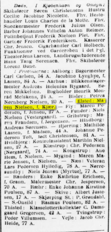 Dødsbekendtgørelse vedr. Maren Kjær.