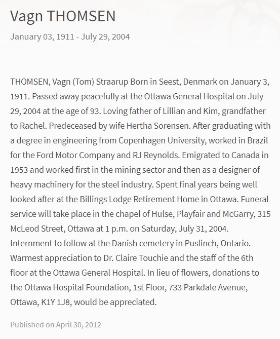 Nekrolog over Vagn Straarup Thomsen 1911-2004.